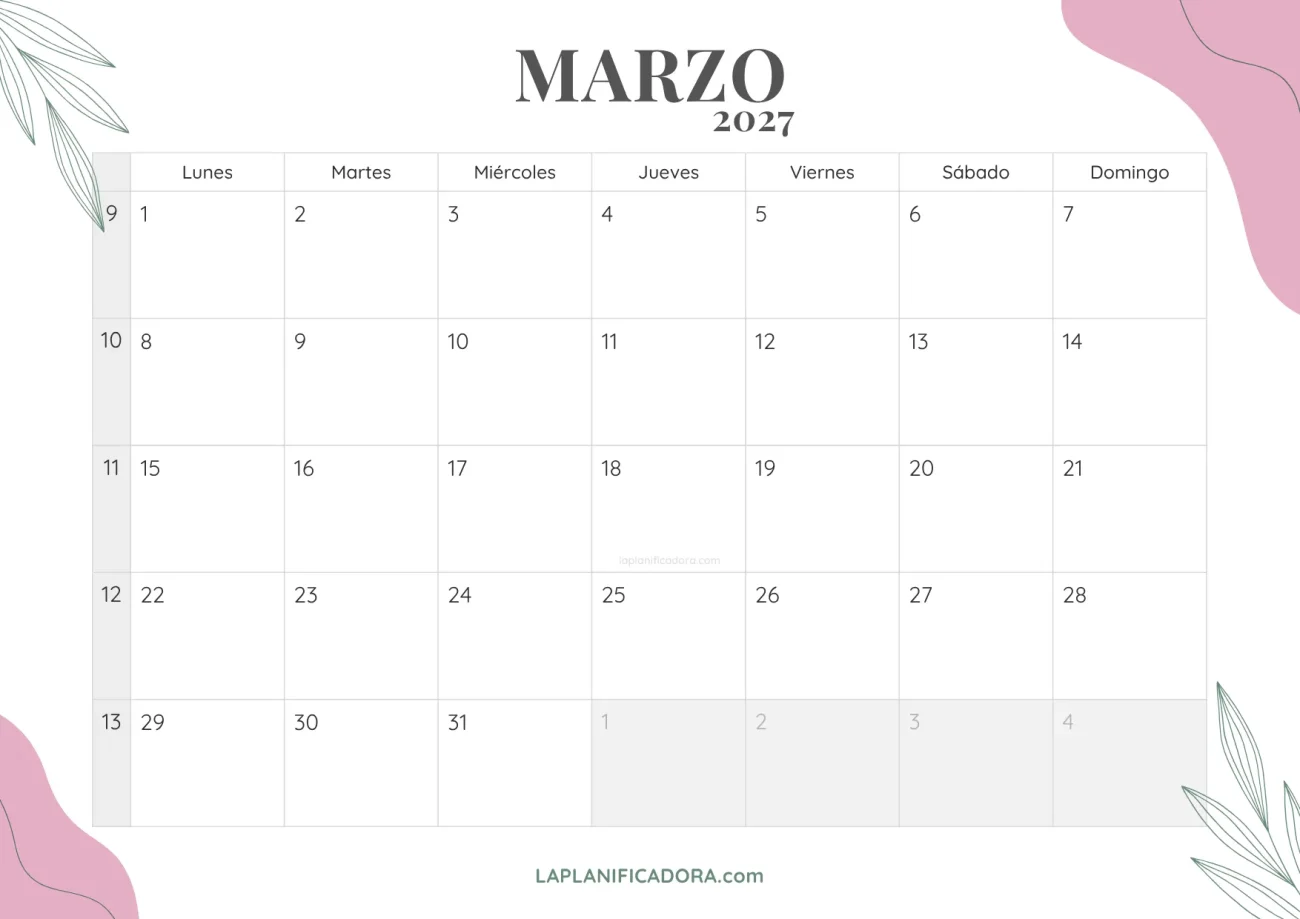 calendario marzo 2027 floral para imprimir