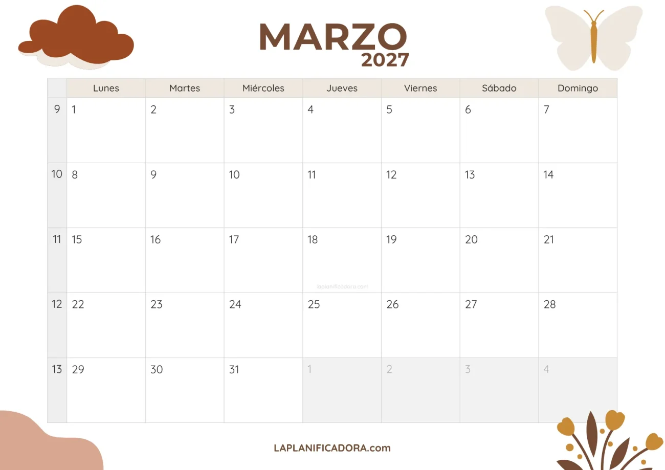calendario marzo 2027 minimal descargable