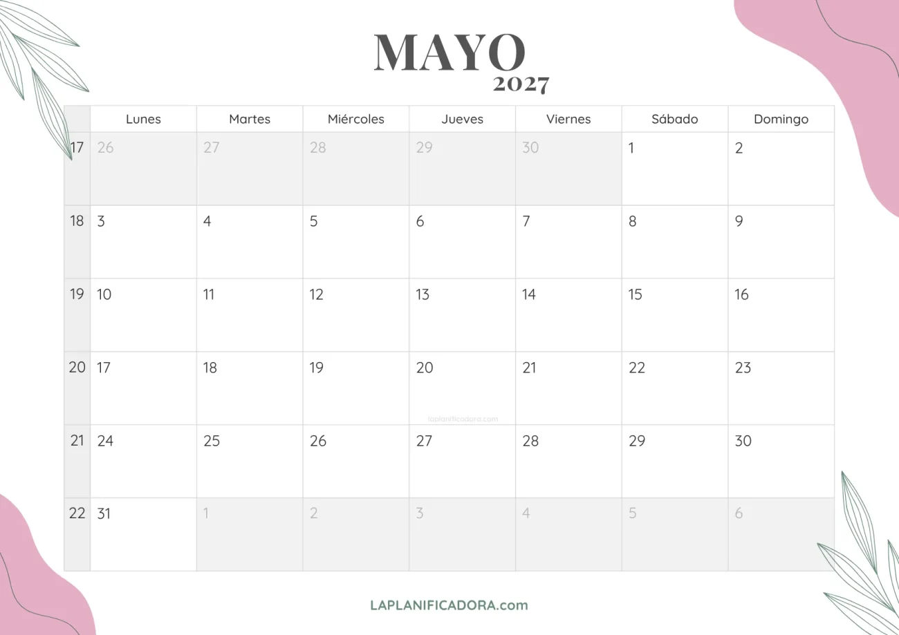 calendario mayo 2027 floral para imprimir
