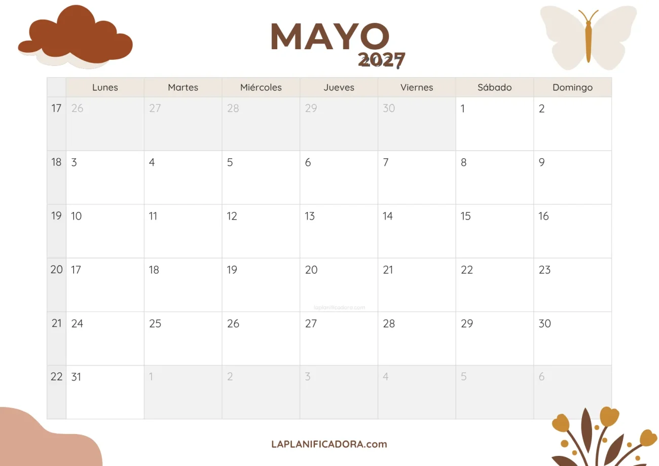 calendario mayo 2027 minimal descargable
