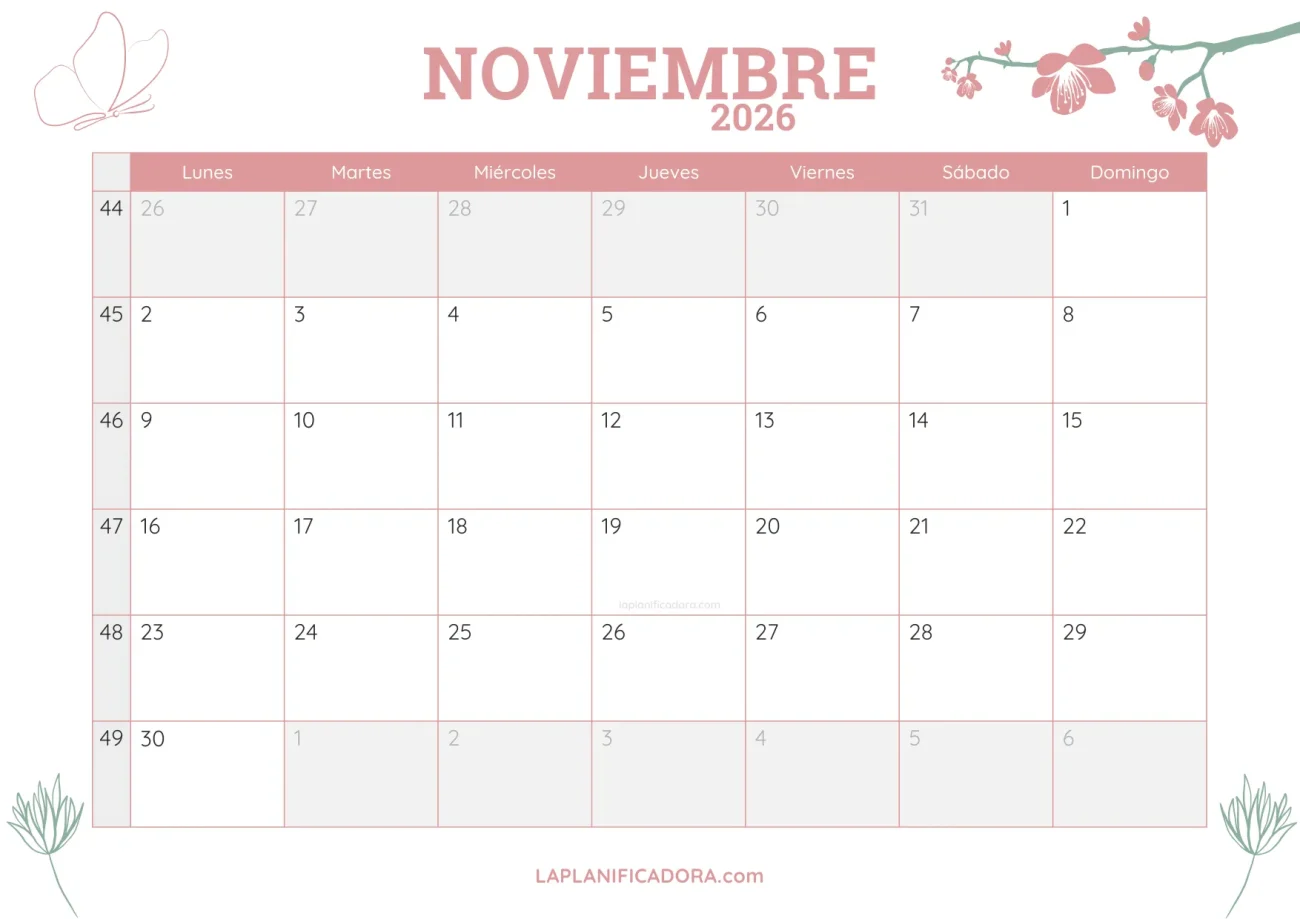 calendario noviembre 2026 botanica en pdf