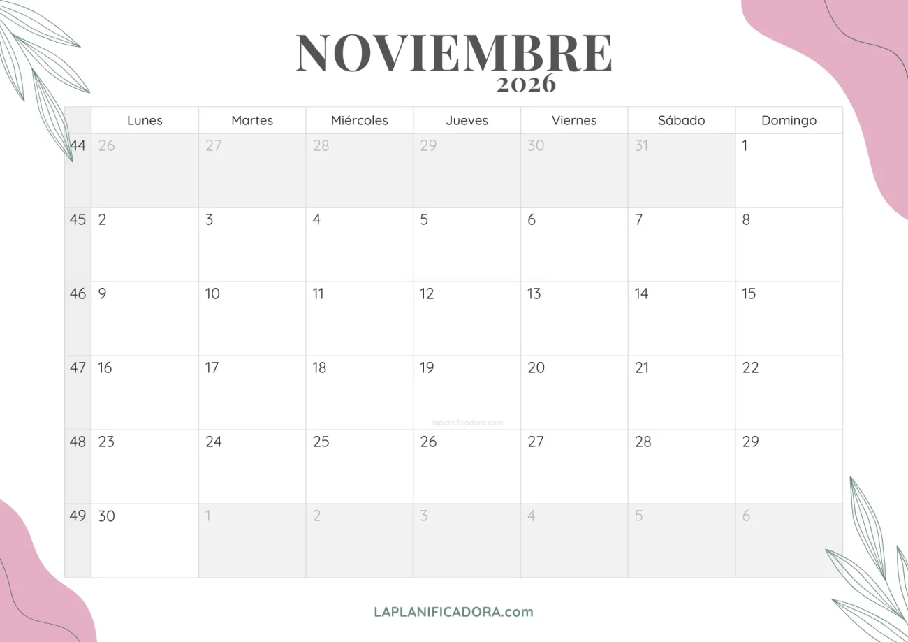 calendario noviembre 2026 floral para imprimir