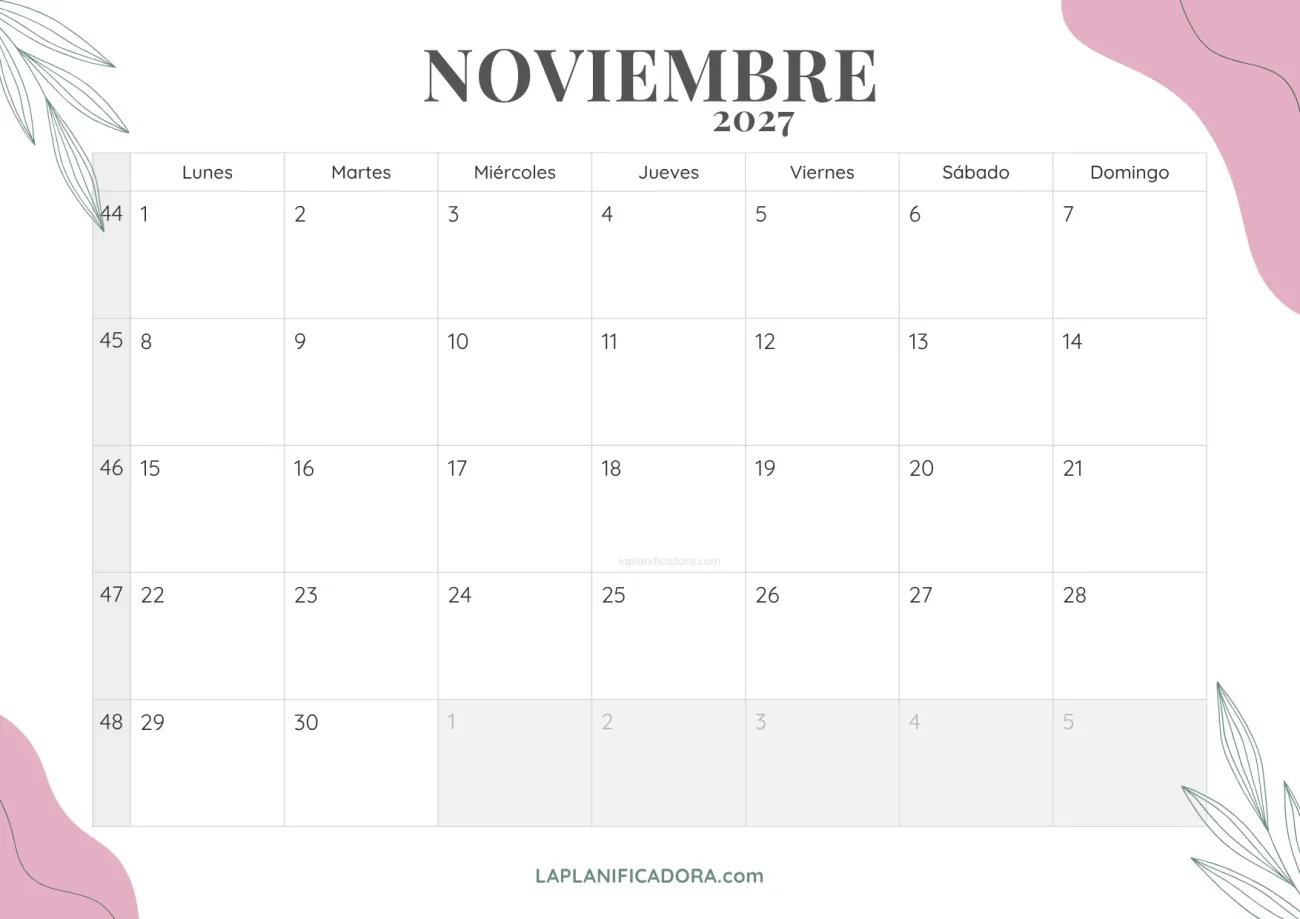 calendario noviembre 2027 floral para imprimir