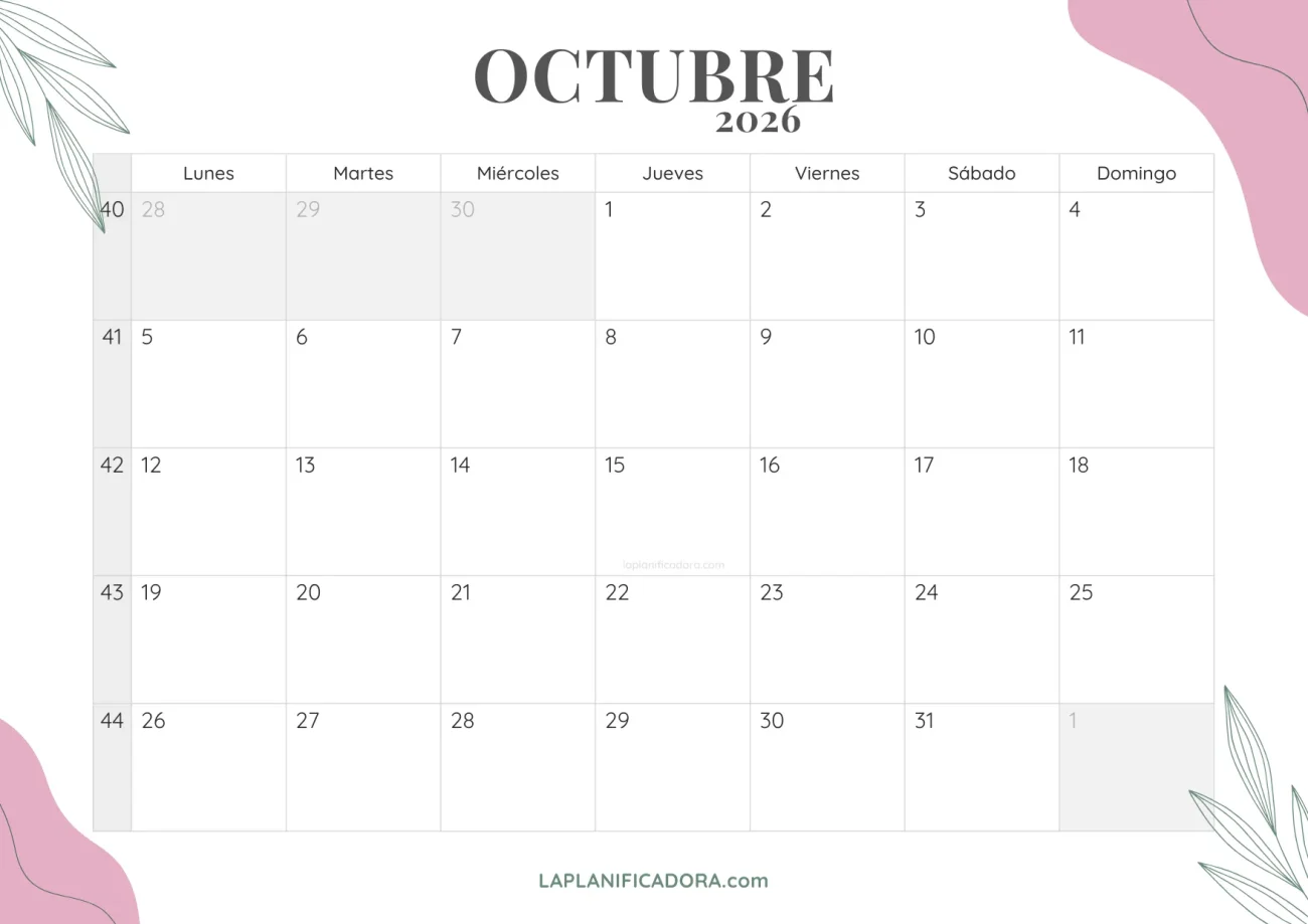 calendario octubre 2026 floral para imprimir