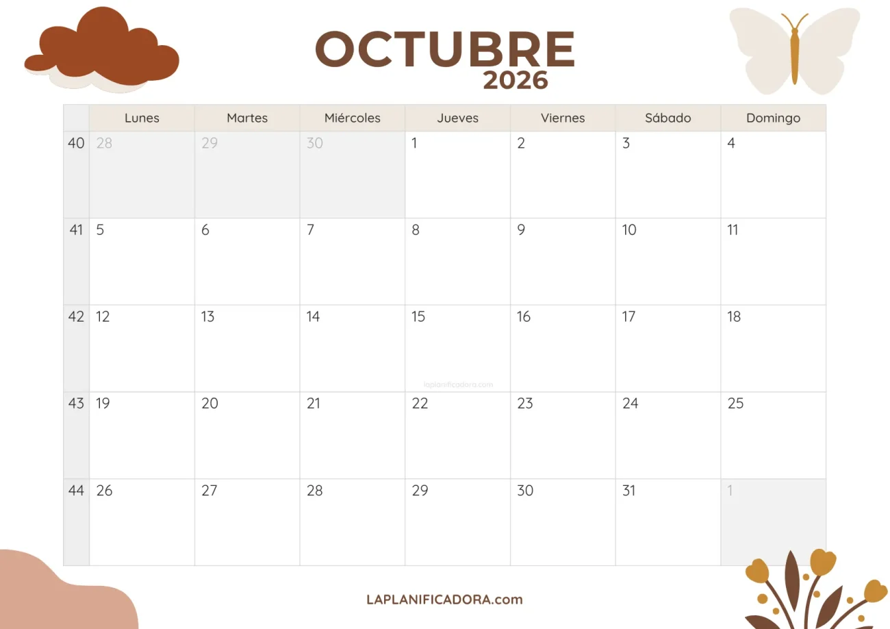 calendario octubre 2026 minimal descargable