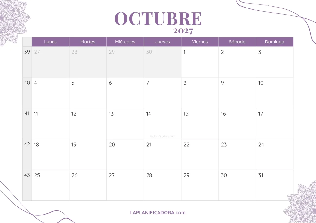 calendario octubre 2027 aesthetic gratis