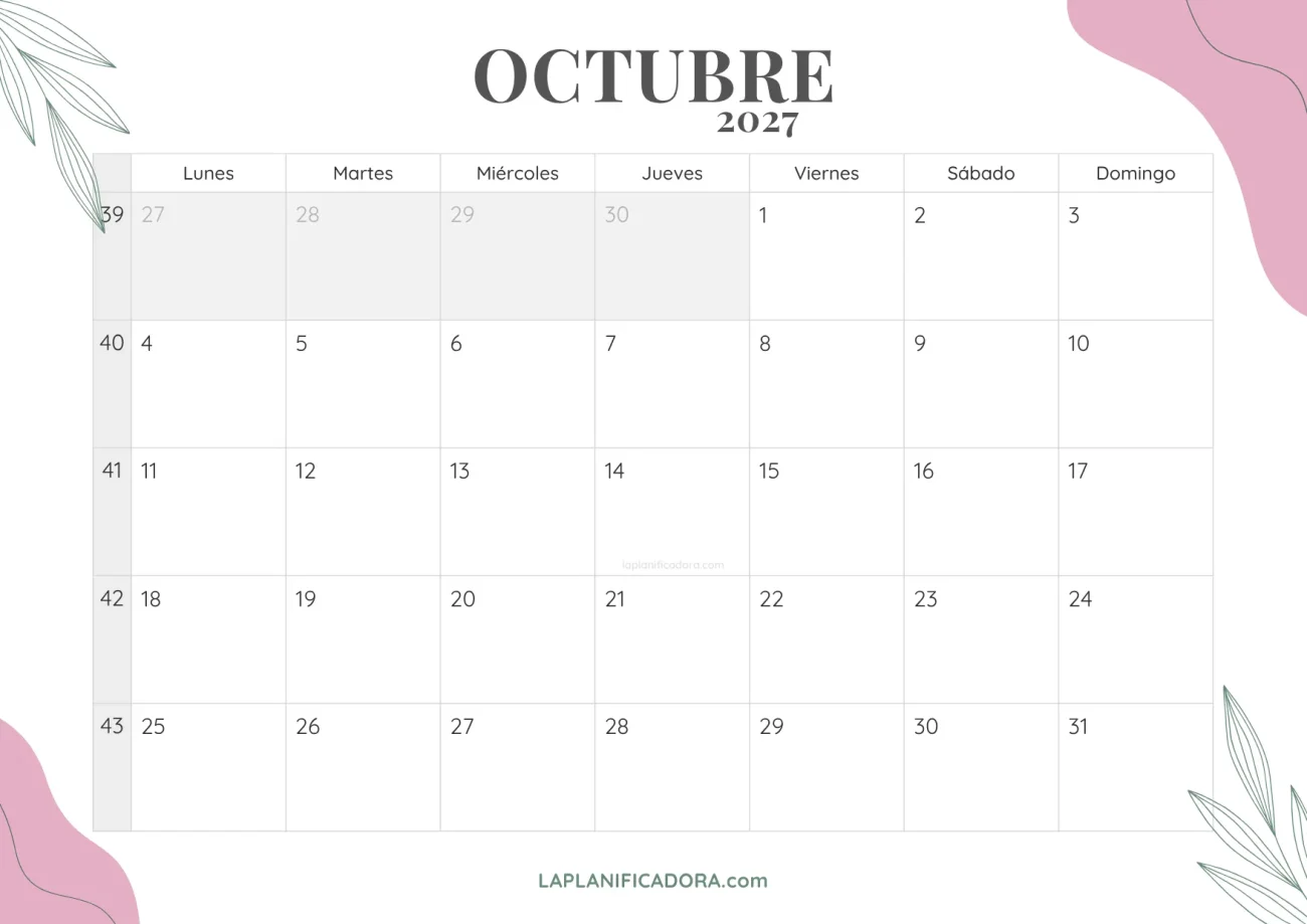 calendario octubre 2027 floral para imprimir