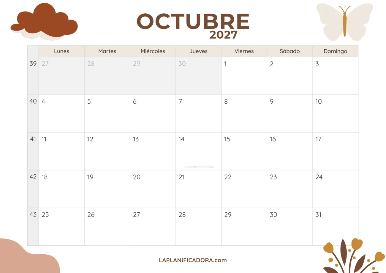 calendario octubre 2027 minimal descargable