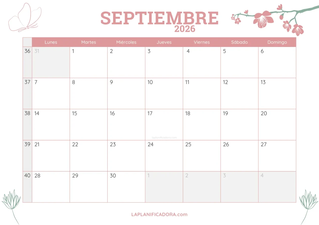 Calendario de Septiembre 2026 para imprimir 💜 La Planificadora