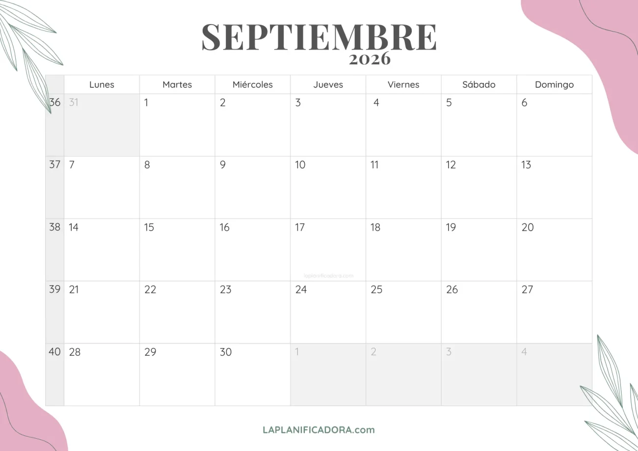 calendario septiembre 2026 floral para imprimir