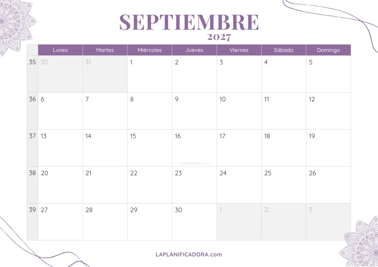 calendario septiembre 2027 aesthetic gratis