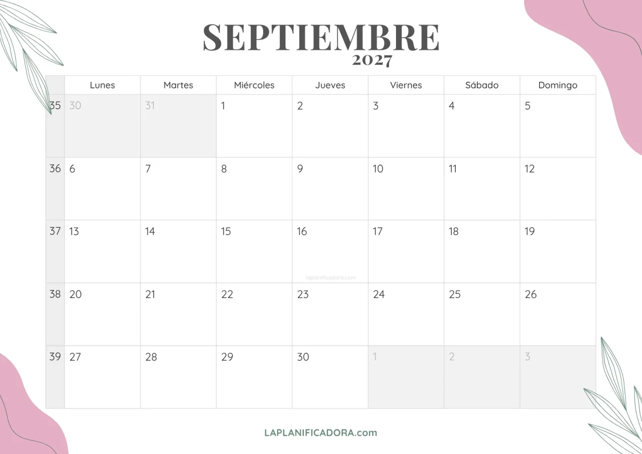 calendario septiembre 2027 floral para imprimir